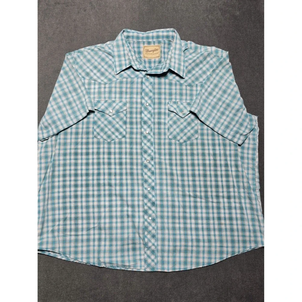 Wrangler Shirt Mens Short Sleeve Blue Plaid Pearl Snap Western Size‎ 3XL Rancher